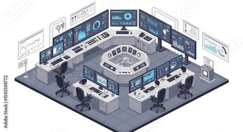 Advanced security operations center with monitors and control panels for cybersecurity management isometric style vector illustration