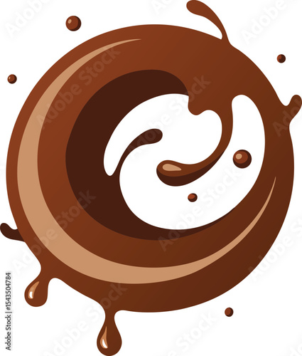 Circular Splash of Chocolate Delight Featuring Drips and Droplets Against a White Background Artistic Chocolate Illustration