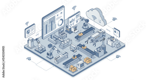 Smart factory automation and internet of things concept with robotics and cloud computing for modern manufacturing isometric style vector illustration