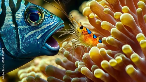 Vibrant fish and shrimp near coral