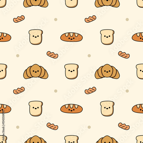 Croissant cartoon so cute. On breads background. Pattern seamless vector illustration. 