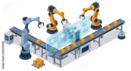 Automated industrial robotics on a conveyor belt for manufacturing efficiency isometric style vector illustration