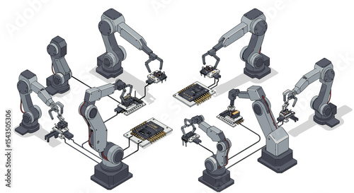 Robotic arms collaborating on circuit board assembly for technology and automation projects isometric style vector illustration