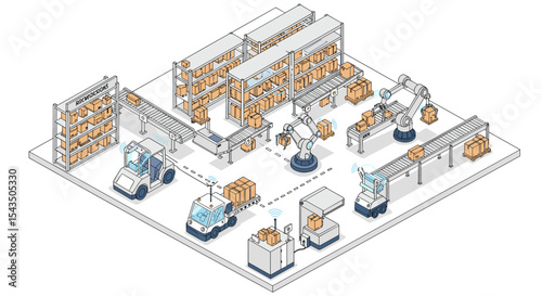 Futuristic automated warehouse with robotics and smart vehicles for efficient logistics isometric style vector illustration