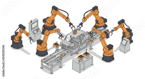 Automated car assembly line with robotic arms in modern manufacturing facility isometric style vector illustration