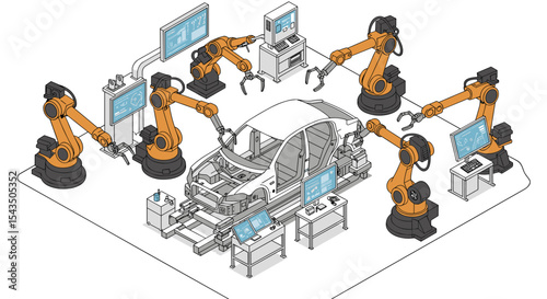 Automated car assembly line with robotics and technology for modern manufacturing isometric style vector illustration