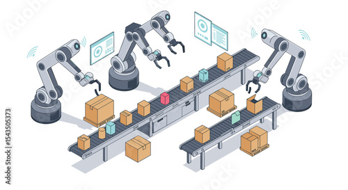 Automated robotic arm assembly line with conveyor belts in modern factory setting isometric style vector illustration
