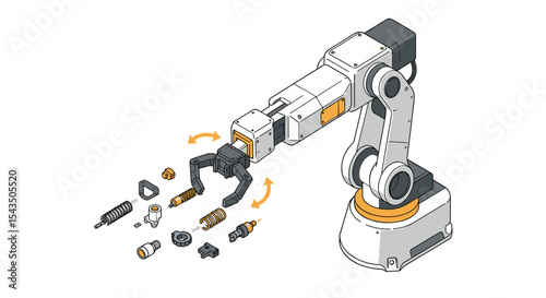 Robotic arm with exploded parts diagram for engineering and design concepts isometric style vector illustration