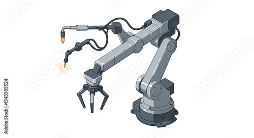 Industrial robotic arm welding process for manufacturing automation and robotics design isometric style vector illustration