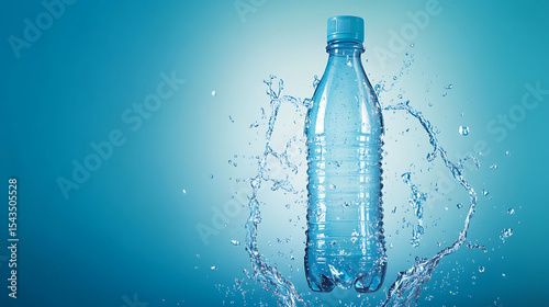 Plastic drink bottle mockup with splash effect on elegant blue background, perfect for advertising and branding design