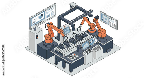 Automated industrial robotics assembly line in a modern factory setting isometric style vector illustration