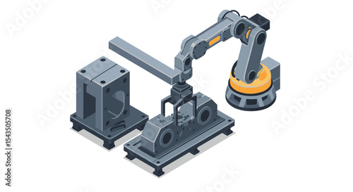 Industrial robot arm operating in automated manufacturing environment for efficient production isometric style vector illustration