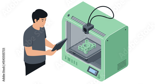 Man operating a 3d printer at workstation for prototype manufacturing and technology innovation isometric style vector illustration