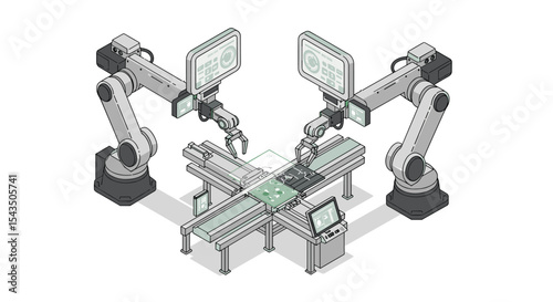 Automated robotic arm assembly line for advanced manufacturing and industrial automation isometric style vector illustration