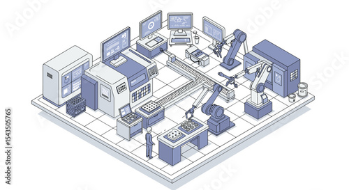 Automated industrial manufacturing facility with robotics and computerized systems isometric style vector illustration