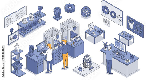 Modern engineering laboratory with 3d printers and industrial design setup isometric style vector illustration