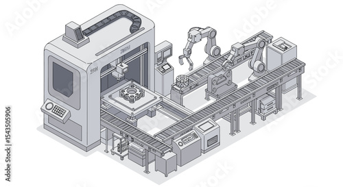Automated industrial robotics manufacturing system with conveyor belt design isometric style vector illustration