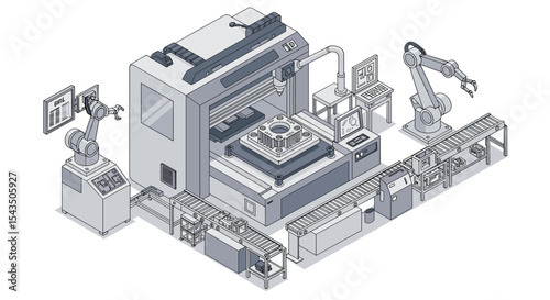 Advanced automated manufacturing scene featuring robotics and 3d printing technology isometric style vector illustration