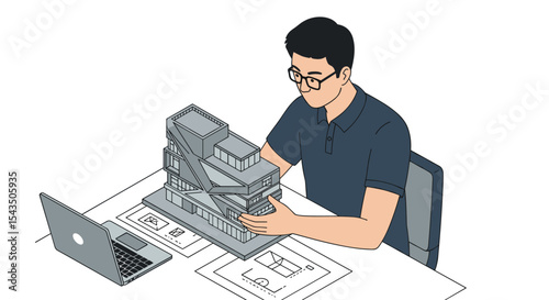 Architect analyzing modern building model for design innovation and planning isometric style vector illustration