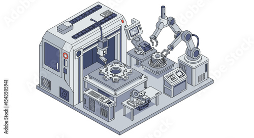 Advanced industrial automation with robotics and cnc technology isometric style vector illustration