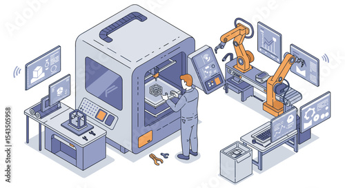 Advanced 3d printing and robotics workshop with automated precision technology isometric style vector illustration