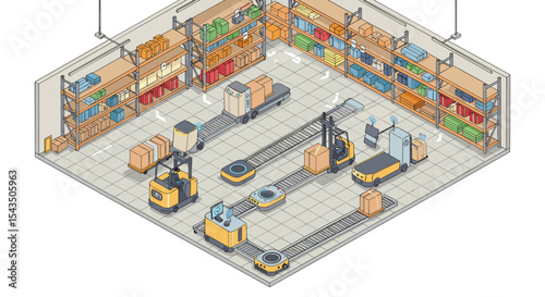 Automated warehouse scene with robotics and conveyor systems for efficient storage and distribution isometric style vector illustration