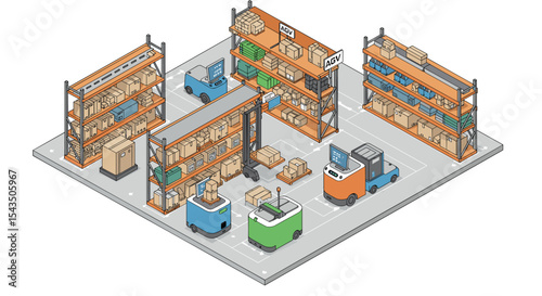 Automated warehouse with agv robots and shelving system for efficient inventory management isometric style vector illustration