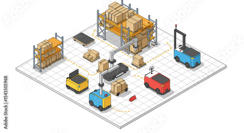 Automated warehouse scene with robots and package sorting for efficient logistics management isometric style vector illustration