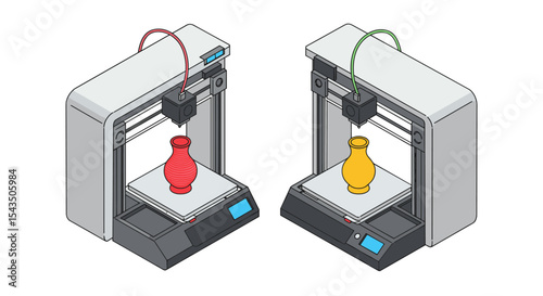 Dual 3d printers creating colorful vases for modern manufacturing and design isometric style vector illustration