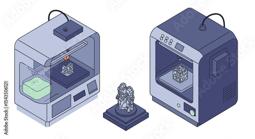 Innovative 3d printing concept with high-tech printers and geometric models isometric style vector illustration