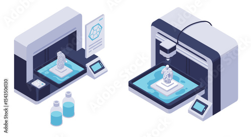 Isometric 3d printing technology with futuristic machines and materials for modern manufacturing isometric style vector illustration