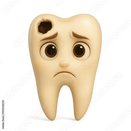 Cartoon tooth character with a cavity looking sad and worried  