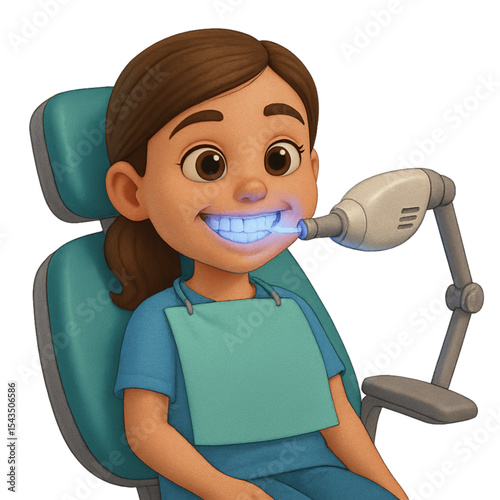 Cartoon girl smiling in dental chair during teeth cleaning  