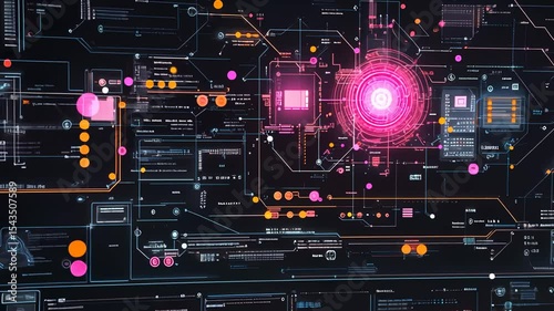 Futuristic digital interface with glowing circuit board and data displays