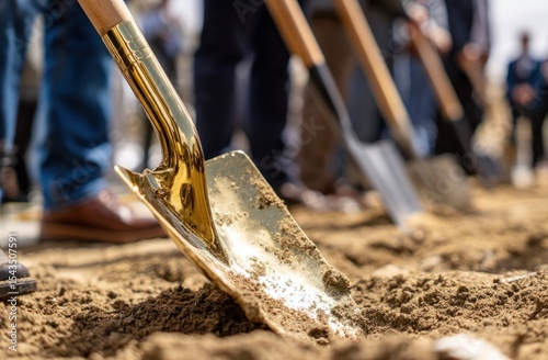 Wallpaper Mural Golden shovel pushes into soil at groundbreaking ceremony other shovels and attendees in background Torontodigital.ca