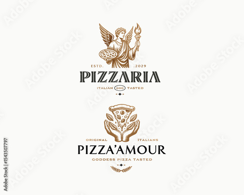 Vintage classic delicious goddess pizza restaurant logo template 