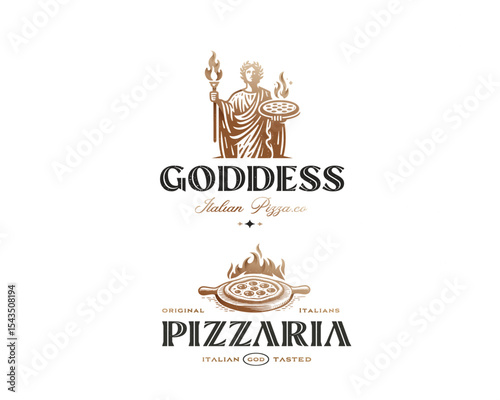 Vintage classic delicious goddess pizza restaurant logo template 