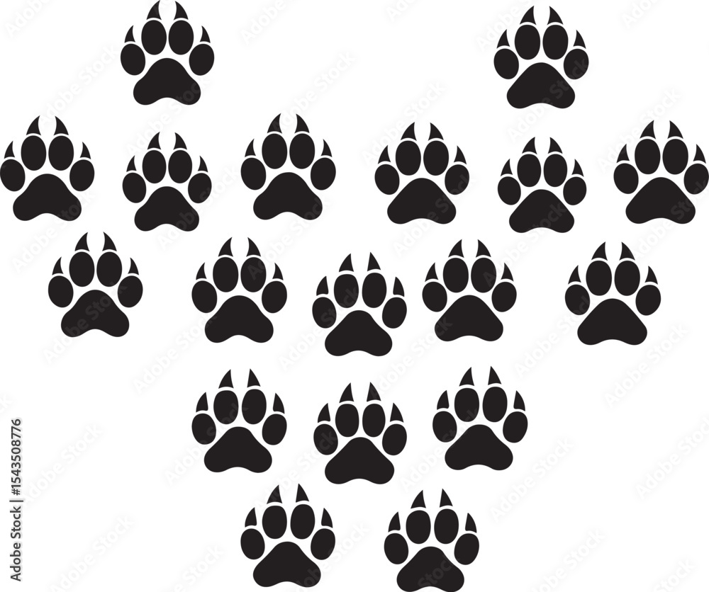 Fototapeta premium Animal paw prints and black silhouettes of Cas and other animals in a decorative vector design set