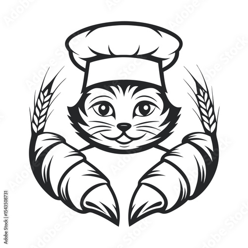Chef Cat Icon: Black and White Illustration of a Cat Wearing a Chef's Hat and Holding Croissants, with Wheat Stalks in the Background for Baking or Food-Related Designs.
