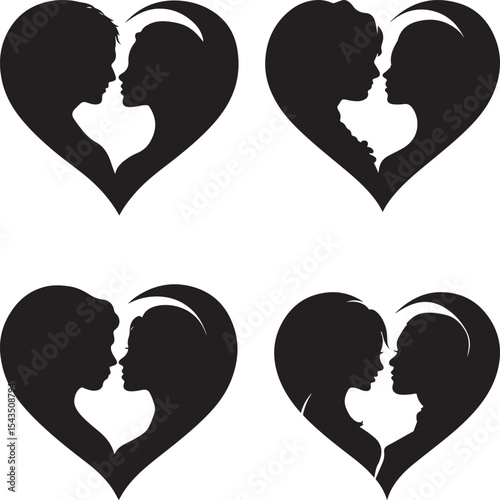 Set of vector heart icons with romantic and family love symbols