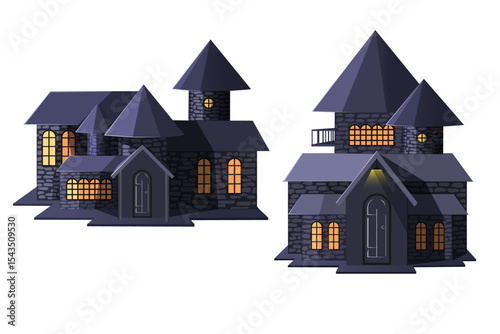 two scary halloween houses isolated on the white background. haunted horror houses design element.halloween concept background,card and banner design clip art vector illustration.