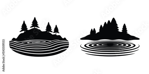 Minimal view of island with lake ripples Flat Silhouette on White Background