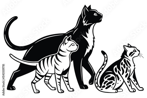 Adorable Group of Diverse Cat Breeds Standing Together in Harmony a Delightful Collection of Feline Companions, silhouette