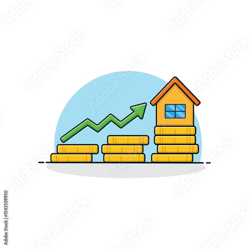 House with Coin Stack and Arrow Vector Illustration. Real Estate Price Rising Concept Design