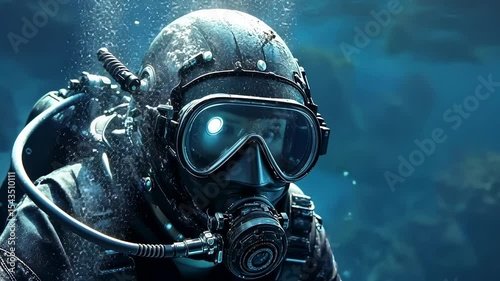 Underwater diver in futuristic scuba gear