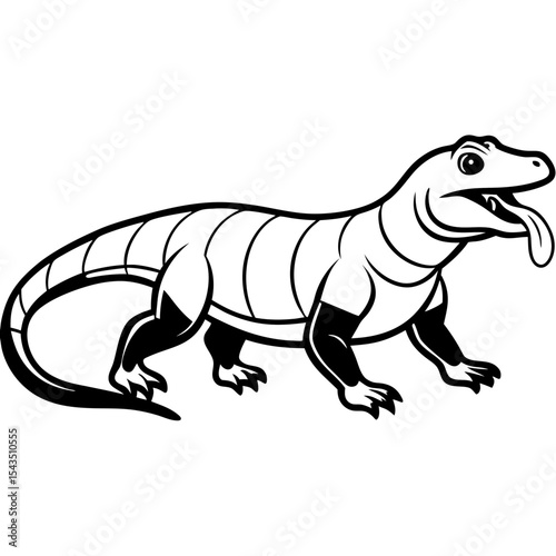 Komodo Dragon Walking with Tongue Flicking – Line Art Illustration