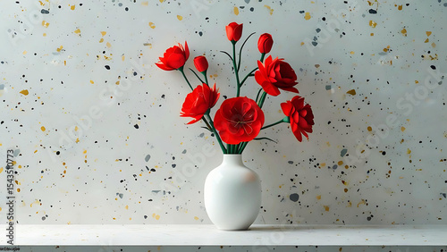 Red flowers in a vase with polka dot wall
