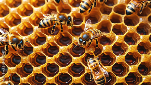 Golden bees meticulously fill a sweet honeycomb with golden honey, a perfect example of nature's hexagonal artistry