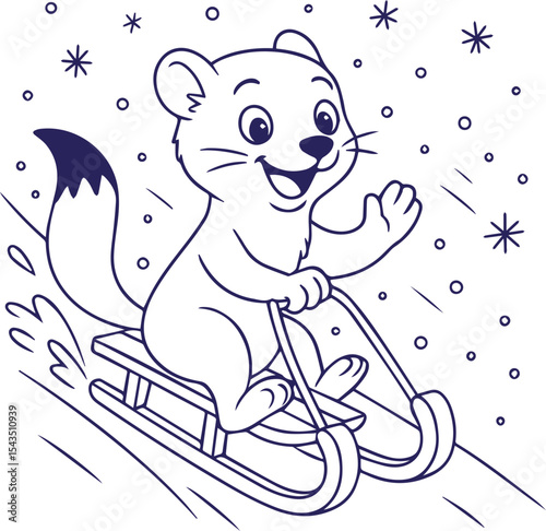 Cute animal sledding downhill in snowy weather line art style