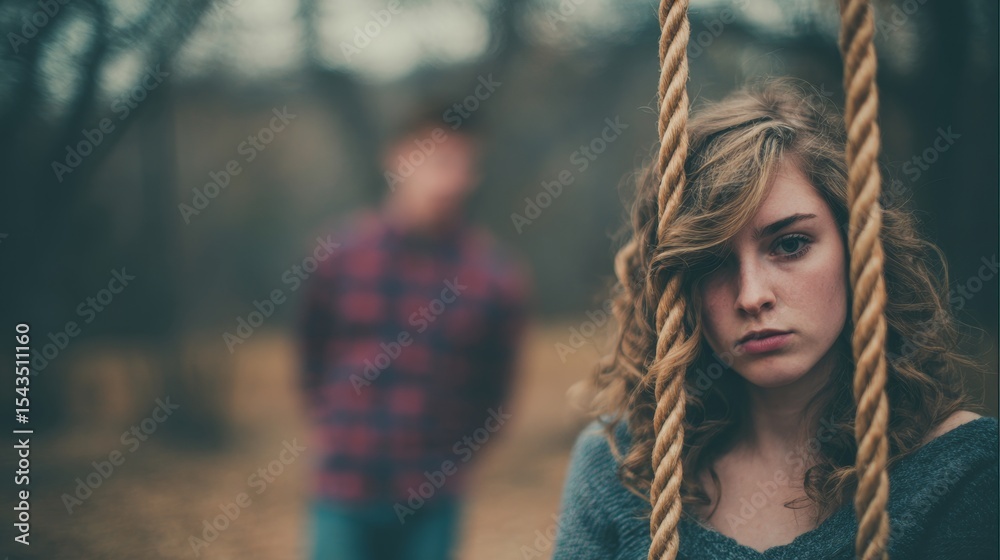 Obraz premium A girl is standing in front of a rope, looking sad